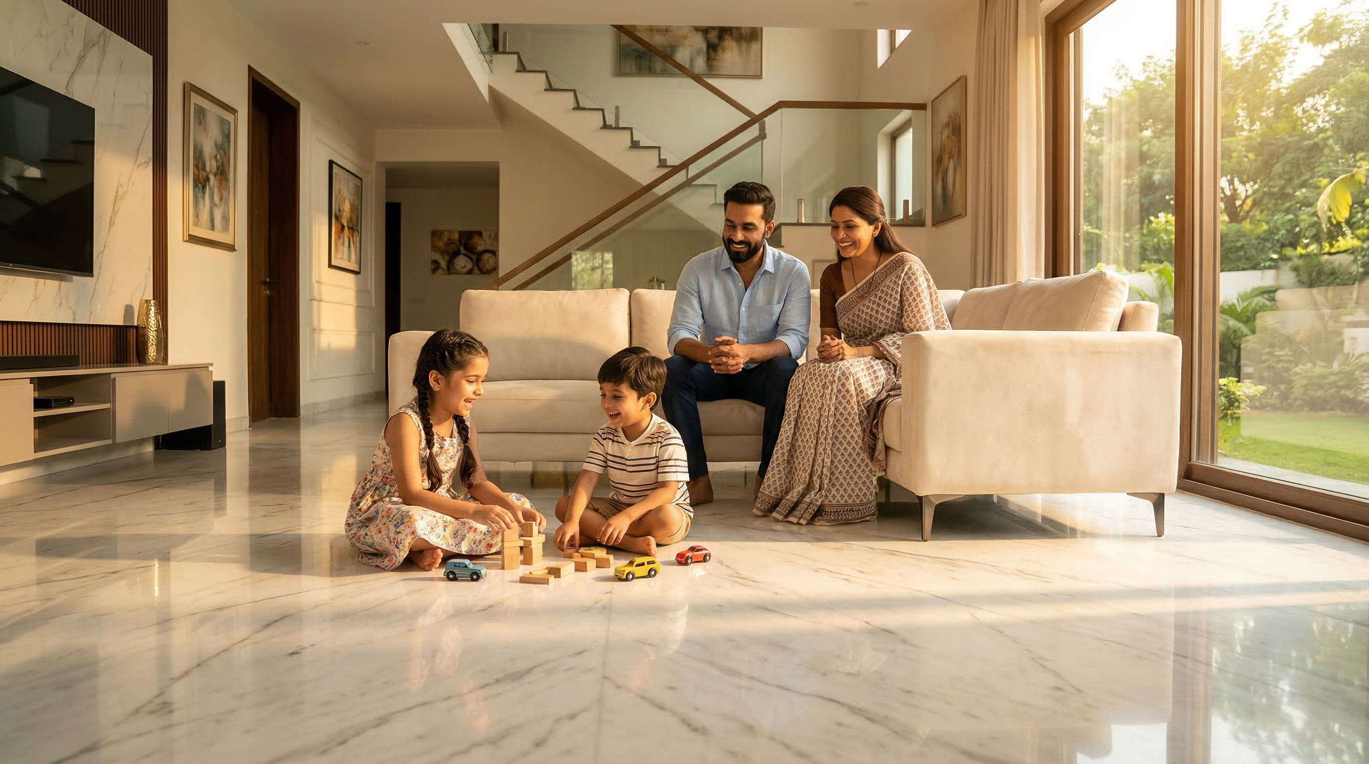 Happy family on marble floor
